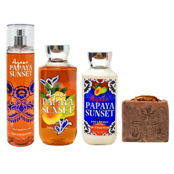 Bath & Body Works Agave Papaya Trio Bundle with a Marbela Orange Ginger Bar Soap - Fragrance Mist - Shower Gel - Body Lotion - Full Size