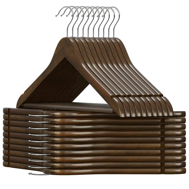 SONGMICS Percha de Madera Maciza, Juego de 20, con Ranuras, Barra Antideslizante, Gancho 360°, para Trajes, Abrigos, Nogal Oscuro y Plata MCRW02V20