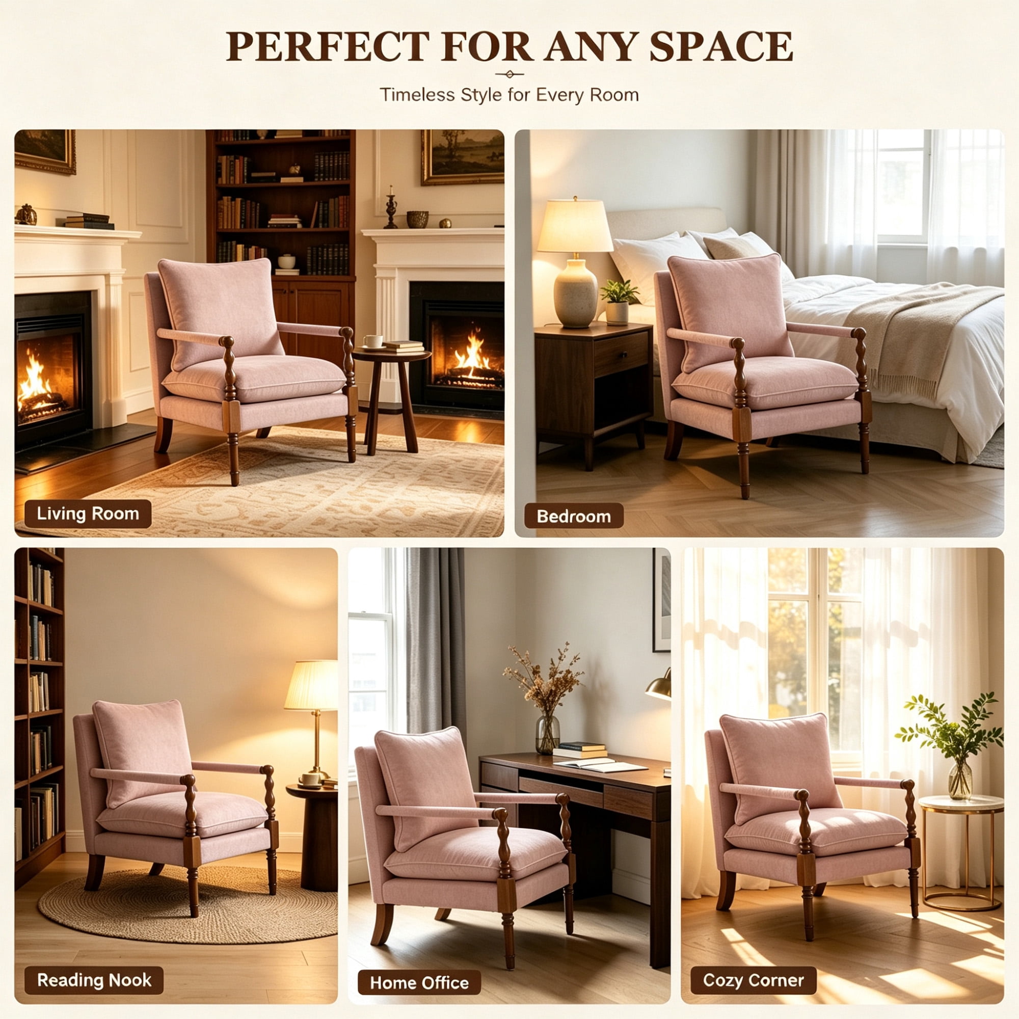Mid-Century Vintage Spindle Armchair,Chenille Accent Chair with Cushion & Wood Frame for Living Room Bedroom Office,Pink