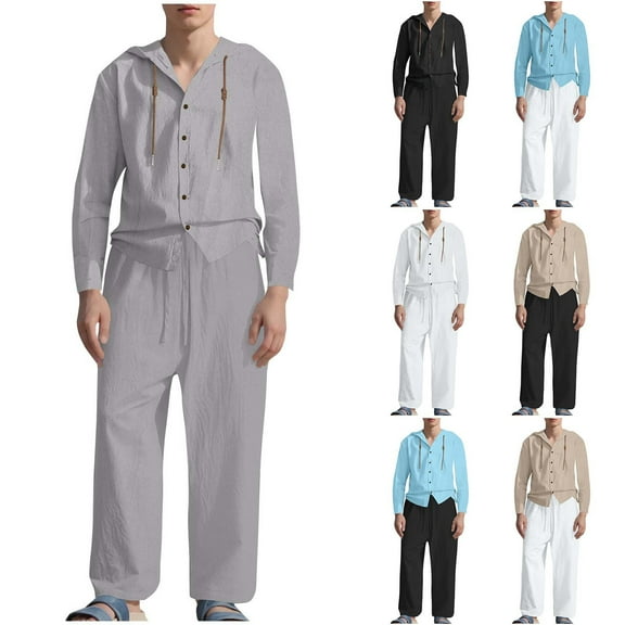 RYDCOT Men's 2 Pieces Casual Fashion Cotton Linen Set Button up Cardigan Hooded Long Sleeve Shirt and Casual Beach Pants Summer Outfits White