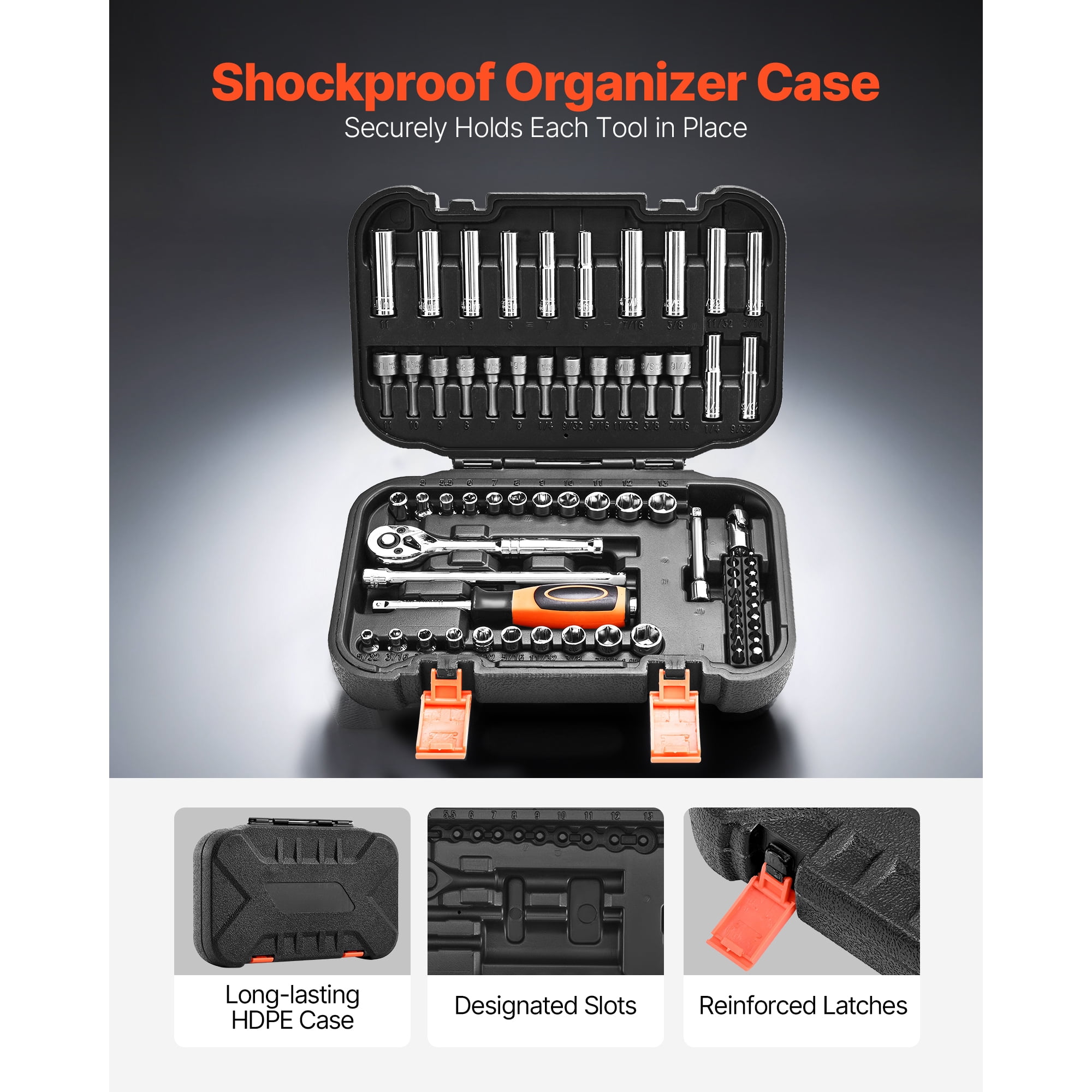 KFFKFF 70-Piece Socket Set, 1/4 Inch Drive Ratchet and Socket Kit, SAE and Metric Sizes, Includes Deep and Shallow Sockets, Bits, Accessories, and Storage Case, Made of CR-V Alloy Steel