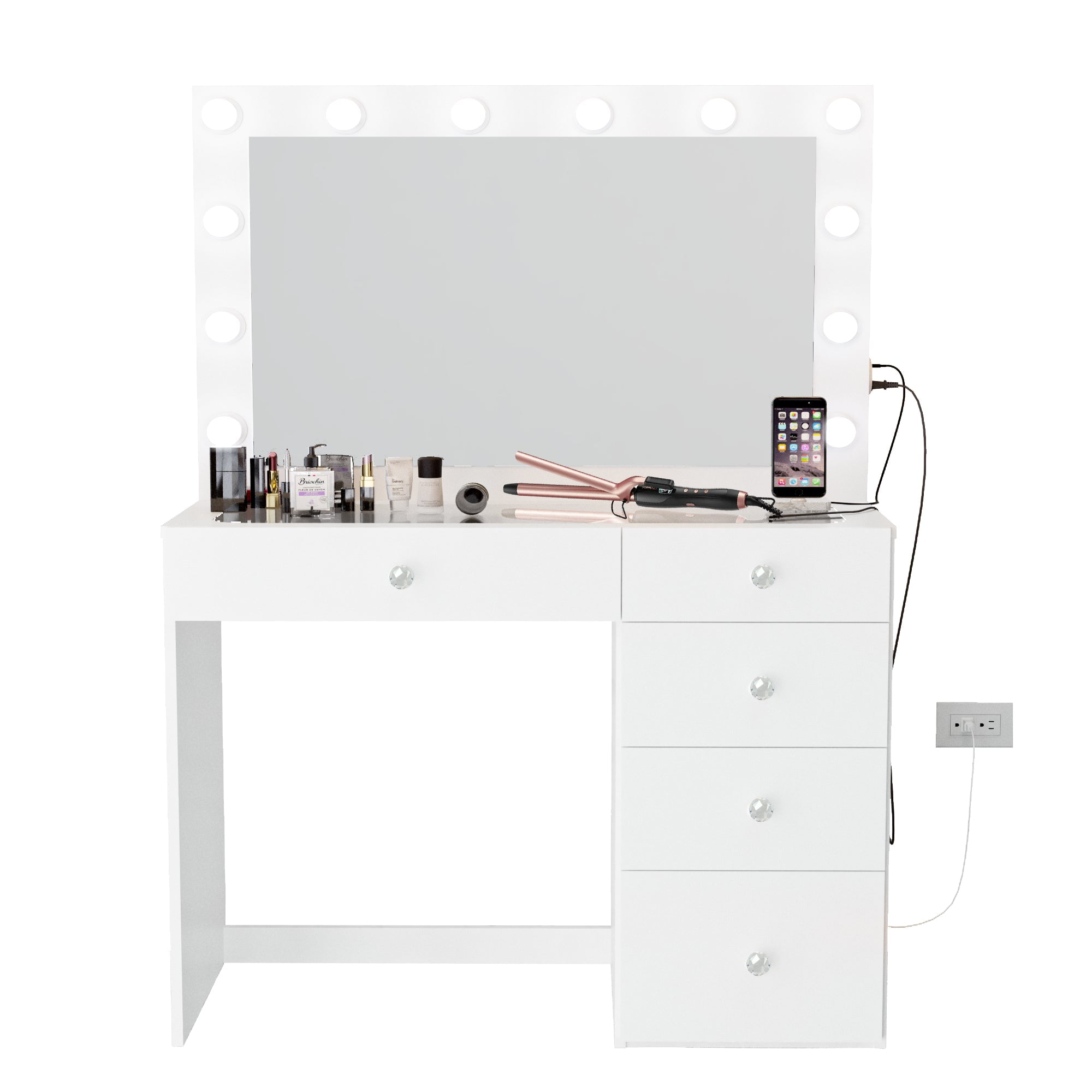 Boahaus Ball with Crystal Vanity and Knobs, Mirror Alana Lights, Drawers, Desk 5 White Black