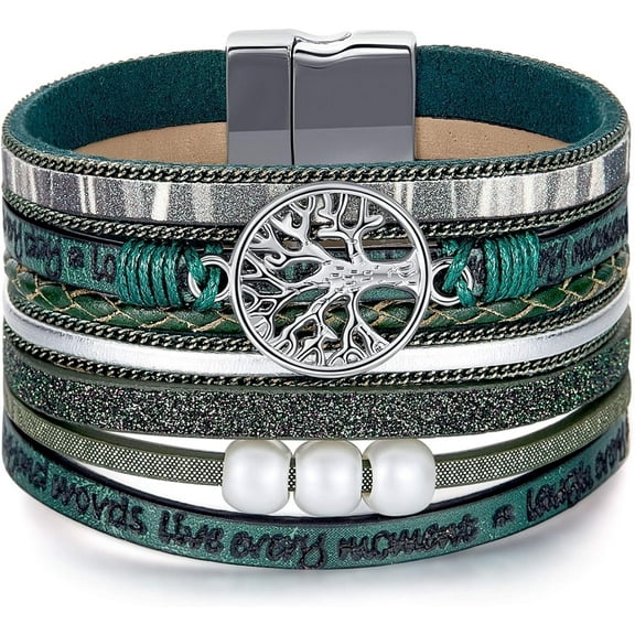 Inspirational Tree of Life Leather Bracelets for Women,Birthday Mothers Day Jewelry Gifts for Teen Girls Green Green