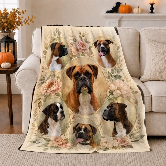 Boxer Dog Portraits Collage Peonies Elegant Vintage Floral, Cozy Pet Portrait Pattern, Warm Flannel Blanket for Living Room and Bedroom, Dog Lovers Father's Day Gift, Pet Lover Home Decor