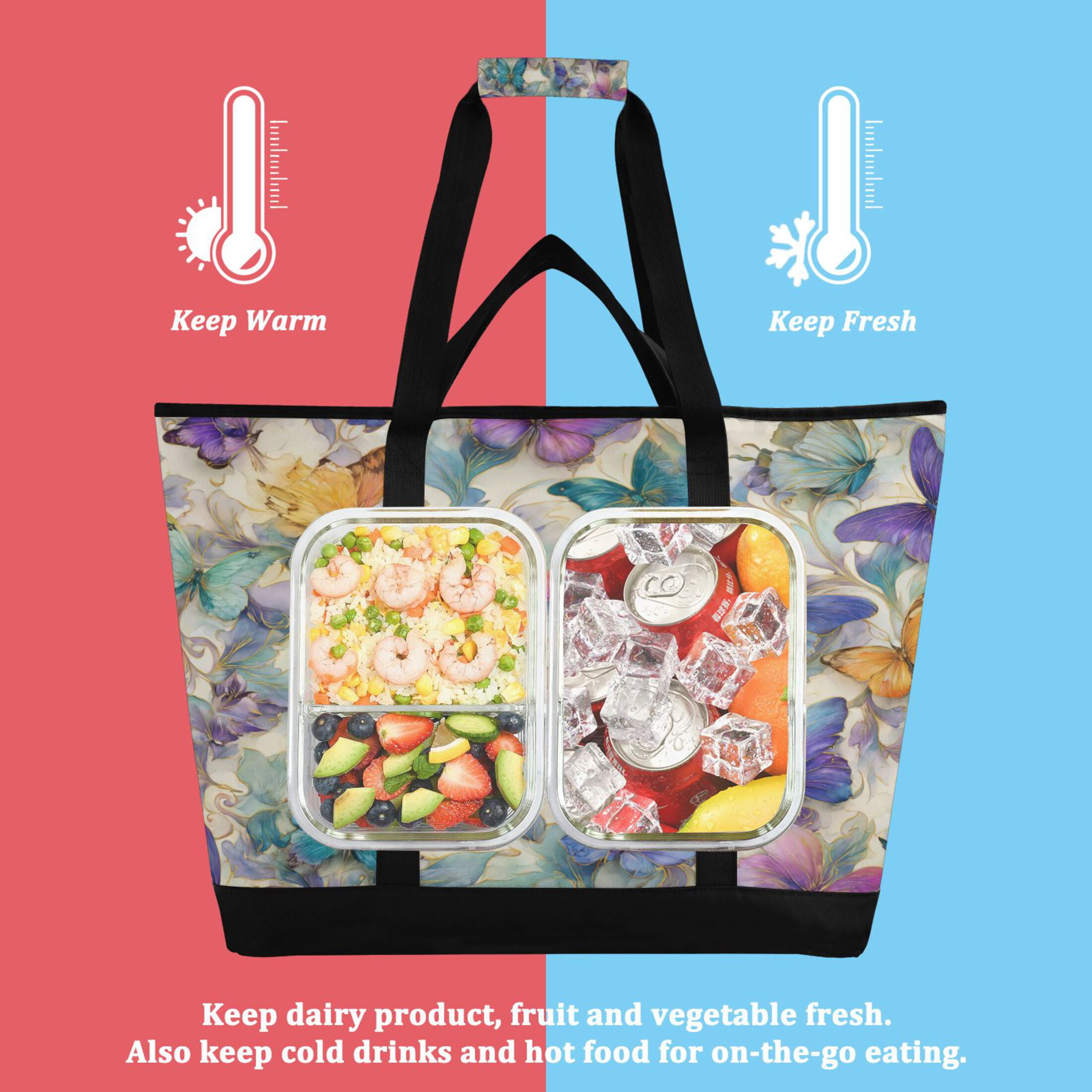 Extra-Large Wide Opening Design Capacity Hand-Held Ice Pack Thickened Insulation Layer For Long-Lasting Cold Retention For Outdoor Shopping Picnics And Camping Elegant Watercolor Butterfly Painting