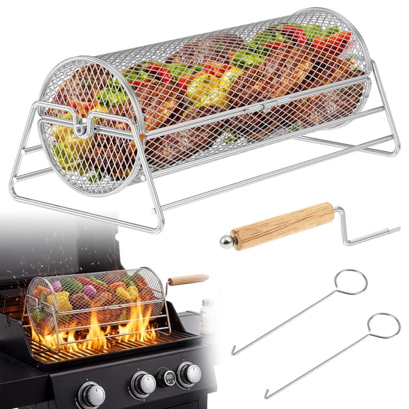 Toorise Stainless Steel Rotating BBQ Grill Basket with Wooden Handle and Stand Rolling Grill Cage with 2 Hook for Evenly Grilling Meat Vegetable and Seafood Ideal for Outdoor BBQ Camping