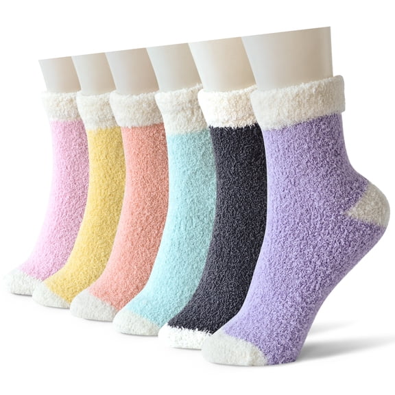 Skola 6 Pairs Womens Fuzzy Socks Cozy Fluffy Winter Warm Slipper Socks Microfiber Soft Home Sleeping Socks women's shoe size 5-8.5