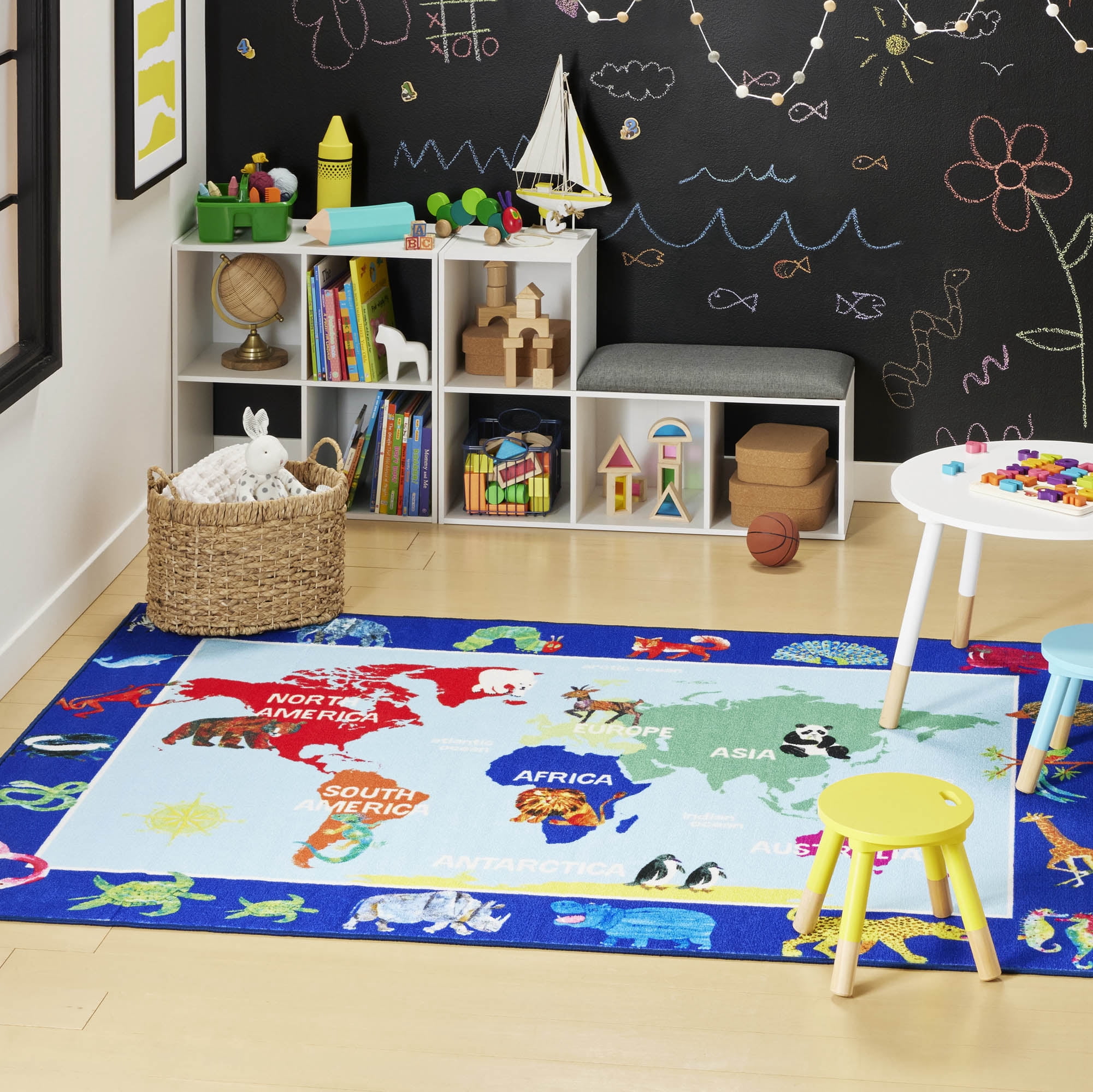 Eric Carle Elementary World Map Kids Area Rug Blue/Red, 35"x51" Rectangle