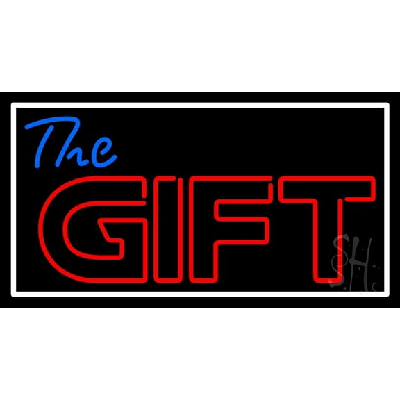 The Gift With Border LED Neon Sign 20" Tall x 37" Wide - inches, Black Square Cut Acrylic Backing, with Dimmer - Premium built indoor Sign for Storefront, Store interior.