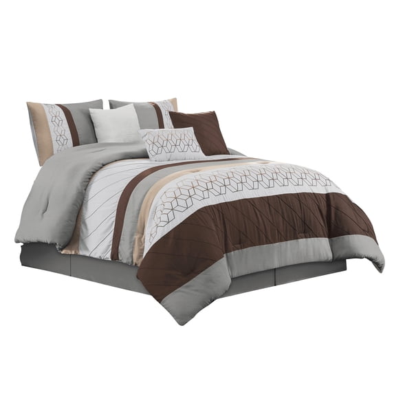 11-Piece Nico Comforter Curtain Set Bedroom Bundle|Geometric Hexagon Rhomboid Parallelogram Embroidery Pintuck|Gray Taupe Brown|Queen Size