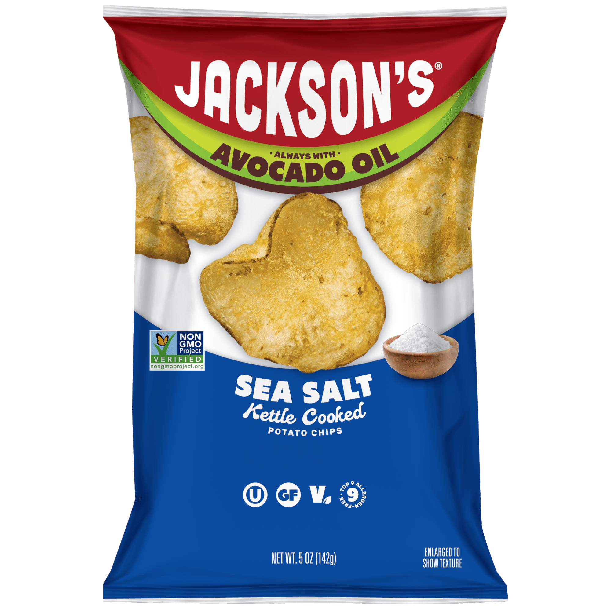 Jackson’s Classic Potato Kettle Chips with Sea Salt, Avocado Oil, Free of Top 9 Allergens, 5 oz