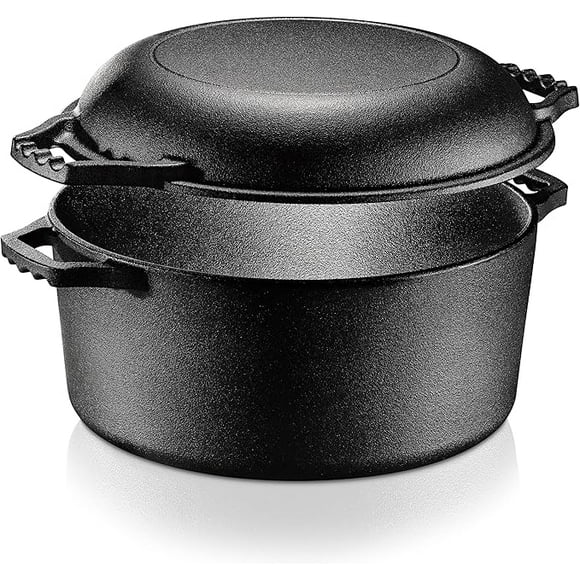 NutriChef Cast Iron Multi Cooker - Pre-Seasoned Non-Stick Double Dutch Oven Stovetop Casserole Cookware Braising Pot and Skillet Lid with Handle- For Oven, Stove, Grill, Over a Campfire Cooking