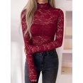 thumbnail image 6 of Women's Wavy Mock Neck Hollow Lace Slim Long Sleeve Top Wine Red XL, 6 of 10