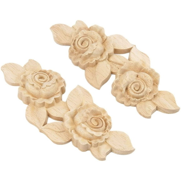 shiyou-Rose Wood Carved Appliques Onlay, 2-Pack Unpainted Wooden Mini Decals for Cupboard Cabinet Wall Dresser Bed Mirror Mantels Fireplace Wardrobe Decor(16.5x7cm/6.5x2.76in)