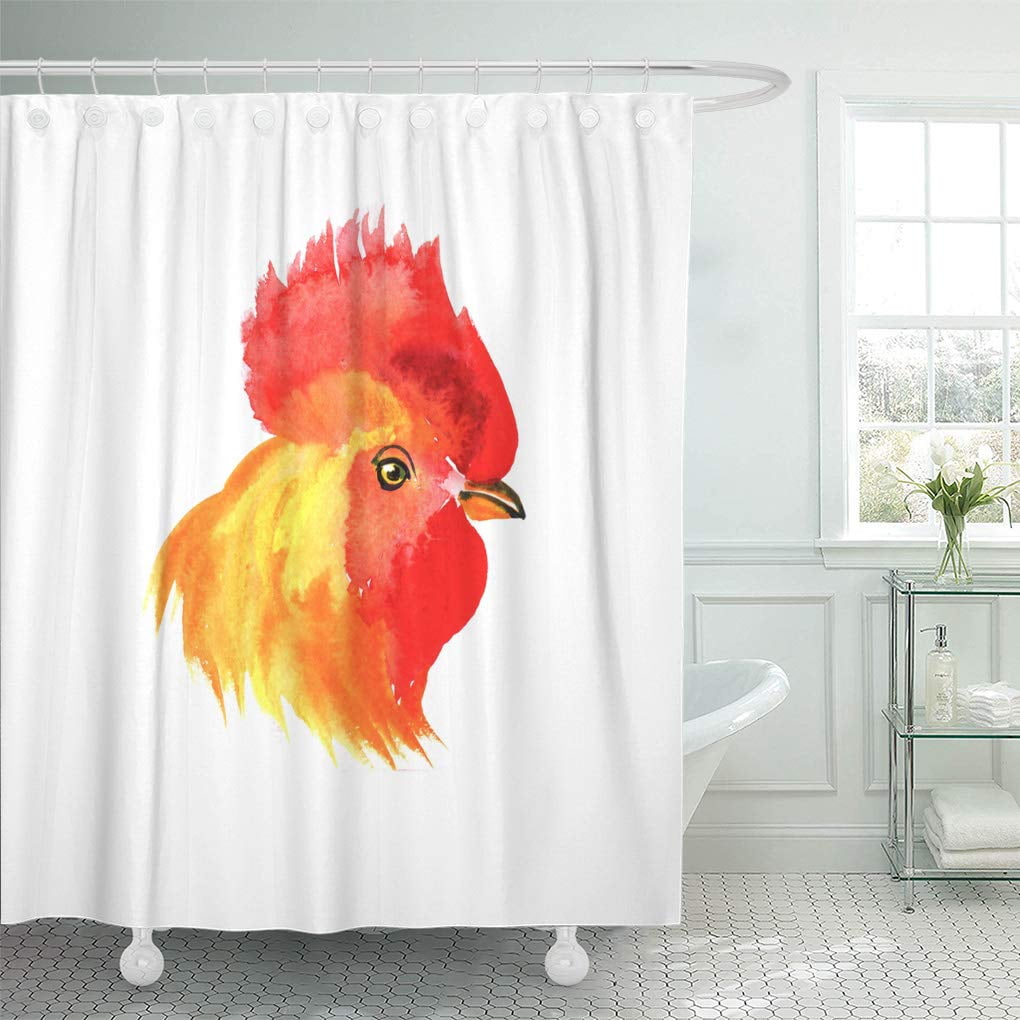 Colorful Rooster on White Fabric Shower Curtain Bath Decor Non-slip Mat 72X72" 