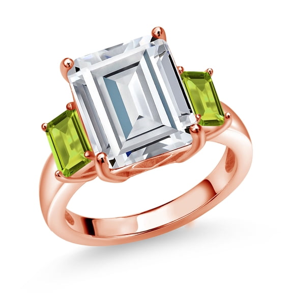 Gem Stone King 18K Rose Gold Plated Silver Green Peridot Ring Set with Moissanite (8.58 Cttw) (Size 9)