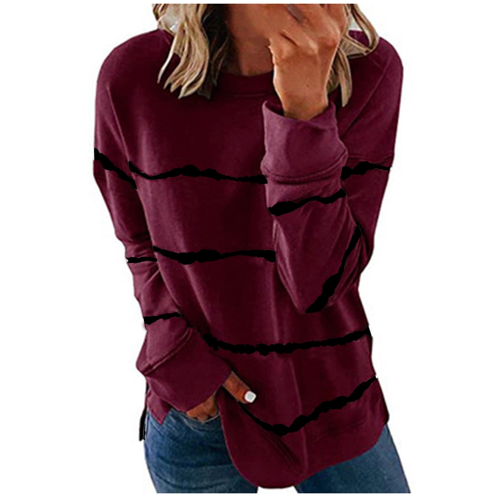Womens Casual Long Sleeve Crewneck Sweatshirt Striped Printed