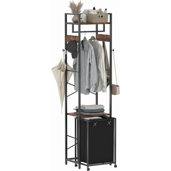 Coat Rack with Laundry Basket, Laundry Hamper Freestanding Hall Tree, Clothes Rack with Storage Shelves, 14.5 Gal Removable Bags on Wheels, Black and Brown