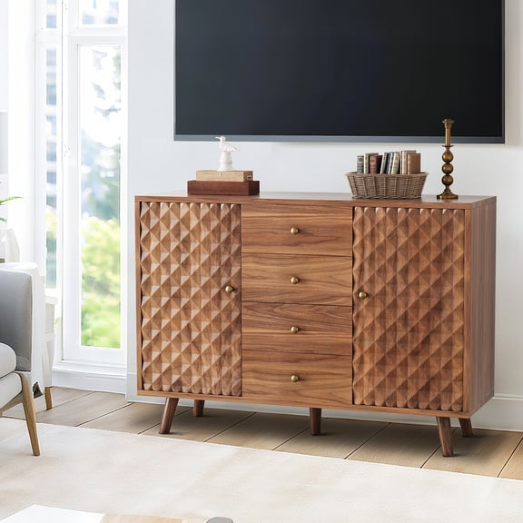 Shininglove Farmhouse Sideboard Buffet Cabinet with 4 Drawers & 2 Doors – 47.2" Rustic Storage Cabinet for Kitchen, Dining Room & Living Room