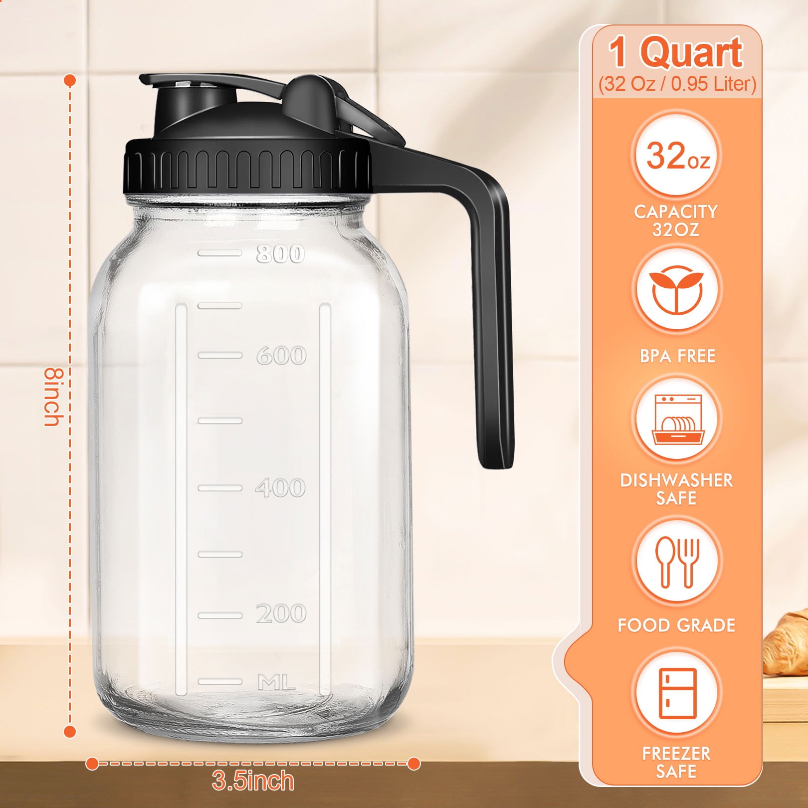 32oz Glass Pitchers with Handle and Lid,Breast Milk Pitcher, Wide Mouth Mason Jar Pitcher, Leak Proof Drink Pitcher Water Pitcher, for Breastmilk, Water, Juice, Milk, Tea, Iced Coffee, 1 Pack
