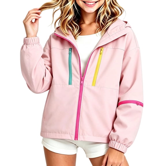 Fnooota Girls Lightweight Jackets Size 7-8T, Waterproof Hooded Long Sleeve Zip up Kids Fall Outerwear Pink