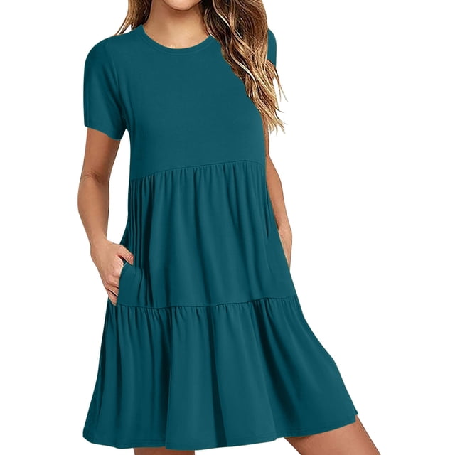 RKSTN Robes d'Été pour Femmes Robes Mini Décontractées Fluides Col en V Plissé Manches Courtes Robe Trapèze Couleur Unie avec Poches