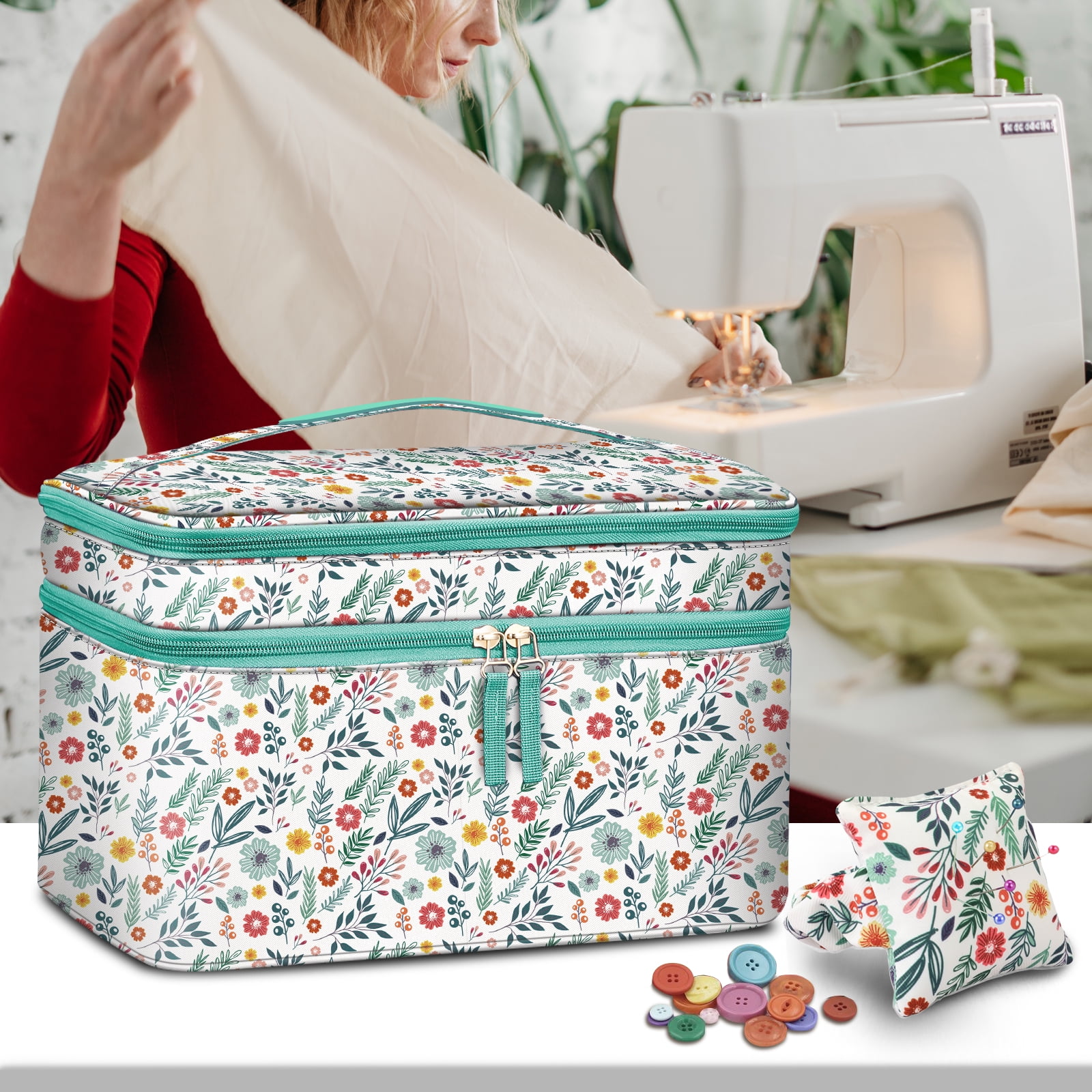 FINPAC Sewing Accessories Storage and Organizer Case, Double-Layer Sewing Kits Carrying Bag with Wrist Pin Cushion for Threads, Needles, Embroidery Floss Supplies, Felting Kits，Spring Bloom