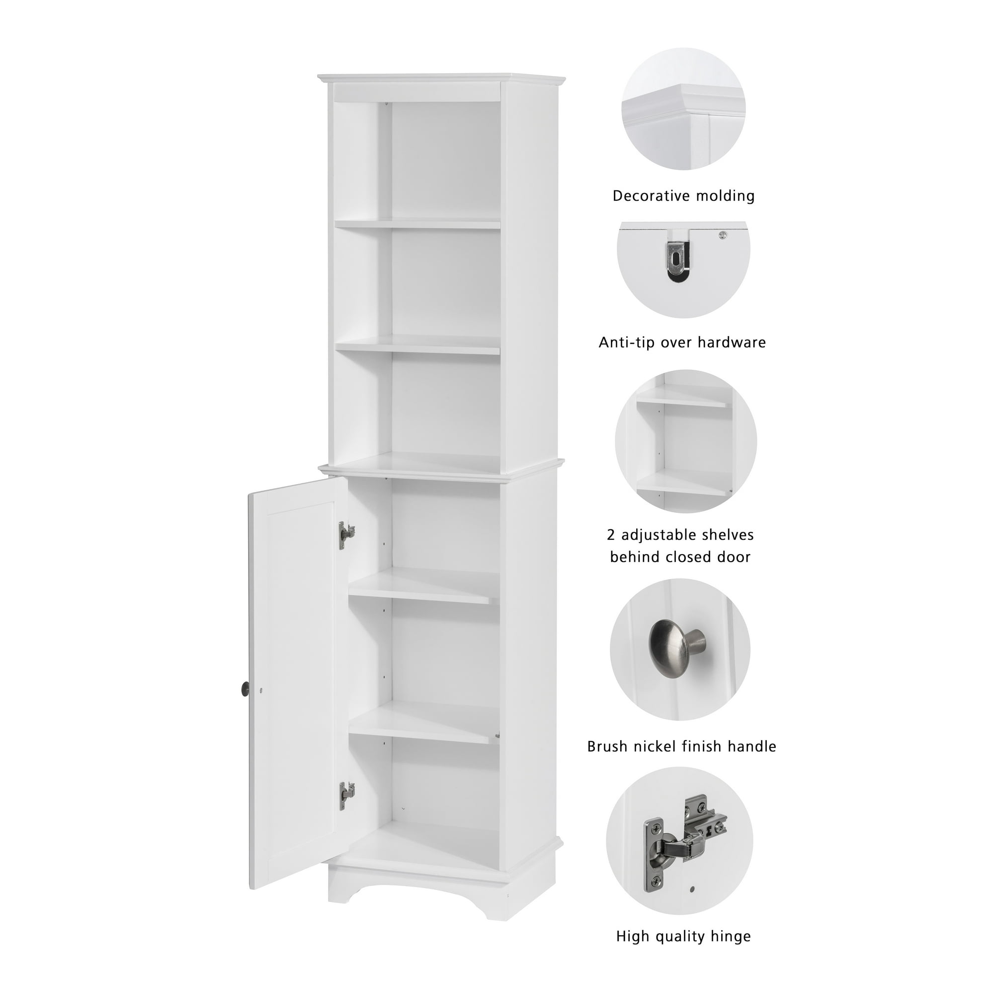 Spirich Home Freestanding Storage Cabinet with Three Tier Shelves, Tall Slim Cabinet, Free Standing Linen Tower, White Finish