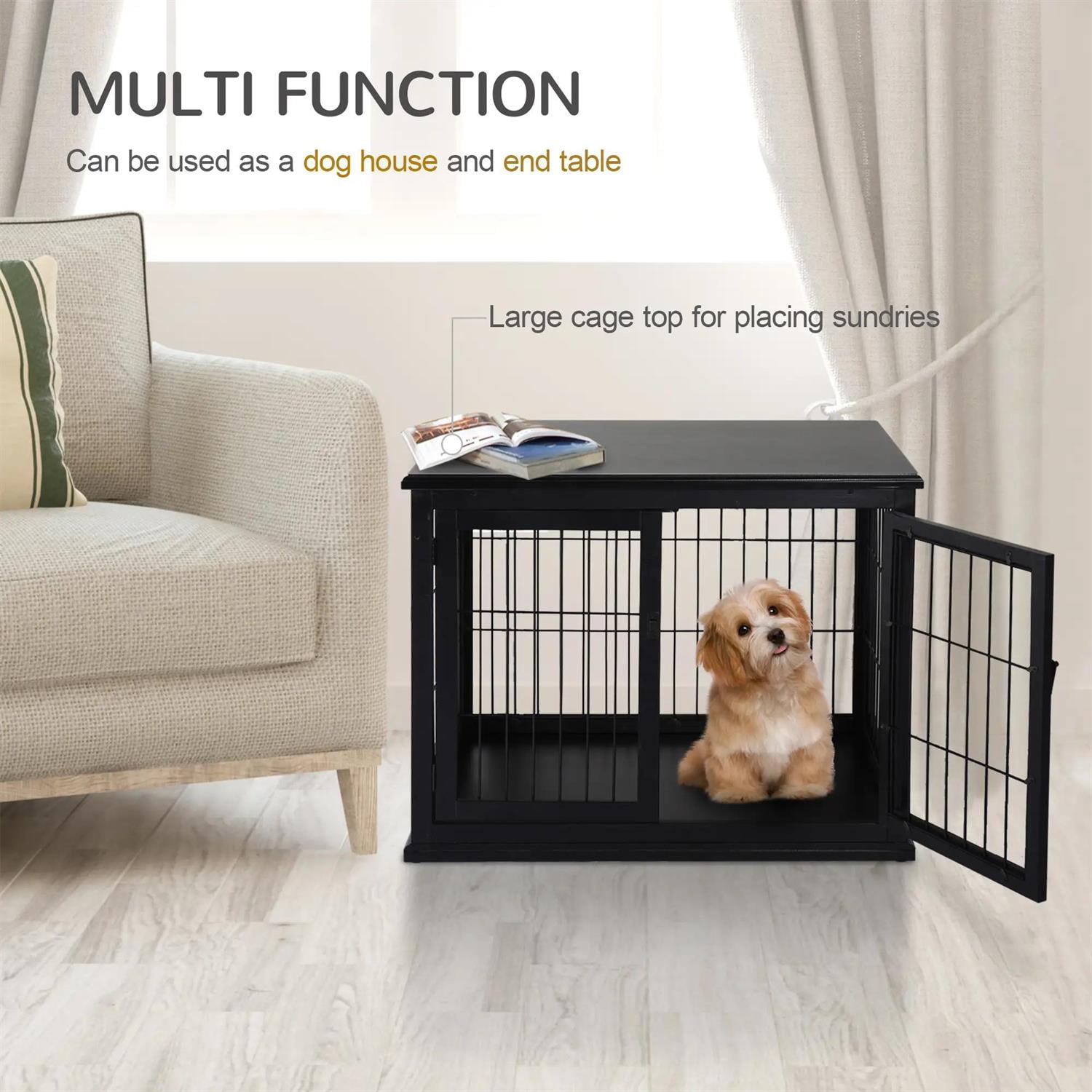 Pefilos 23" Dog Crate Furniture with Two Opening Sides, Lockable Door, Wooden Puppy Kennel Table, Indoor Dog House for Small Dogs, Black