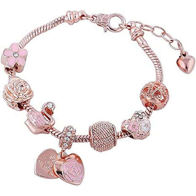 Pulsera con colgante de flor, corazón de flor de cristal de diamantes de imitación de oro rosa