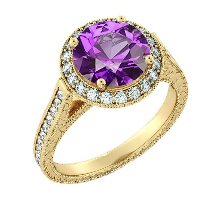 Raw Rough Uncut Gemstone Amethyst and Diamonds 18K Yellow Gold Halo Ring Multi Stone Statement Ring Show Stopper Ring by Angeline 0052 Alternative