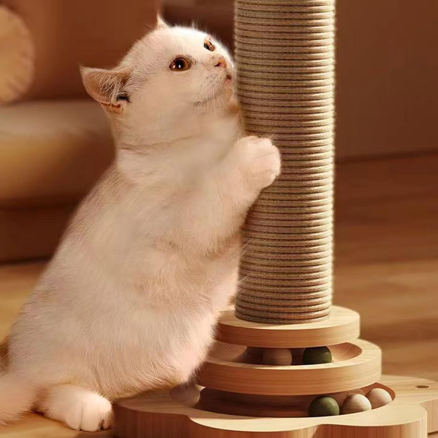 Cat Scratching Post, 4 in 1 Wooden Cat Scratcher Toy, 15.75" Tall Scratch Post with 2 Level Cat Track Balls, Interactive Cat Feather Toy and 2 Sisal Hanging Balls for Indoor Kittens