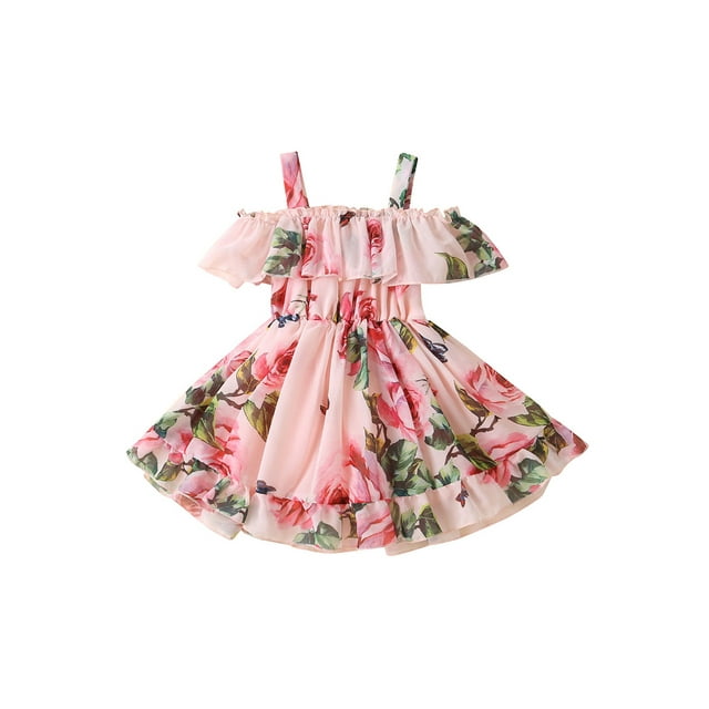 Xingqing 8 Colors Summer Princess Kids Girls Dress Flowers Printed Short Sleeve Off Shoulder Ruffles A-Line Chiffon Dress