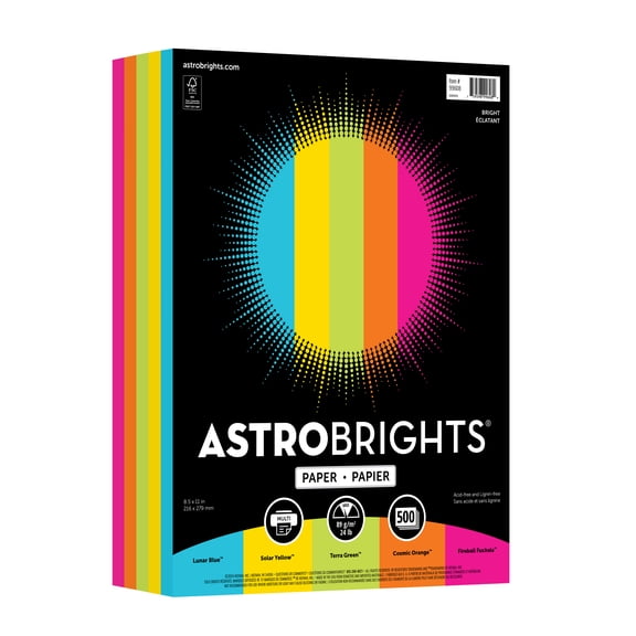 Astrobrights Color Paper, 8.5” x 11”, 24 lb./89 gsm, Bright Assortment, 500 Sheets