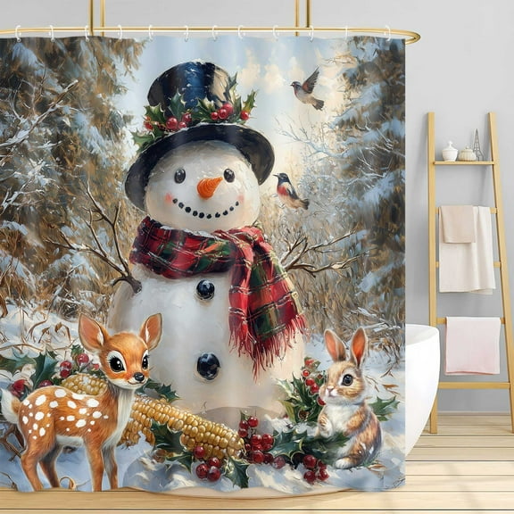 Christmas Snowman Shower Curtain, Snowman and Deer Rabbit Pine Tree Snowflake Winter Holiday Bathroom Curtain,Wonderland Farmhouse Bath Decor Waterproof Fabric Set with Hooks, 72x72 Inch