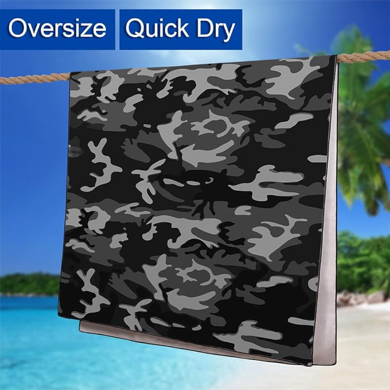 Camo Beach Towel Oversized 71x36IN Quick Dry Sand-Free, Black and Grey Camouflage Bath Towels for Travel
