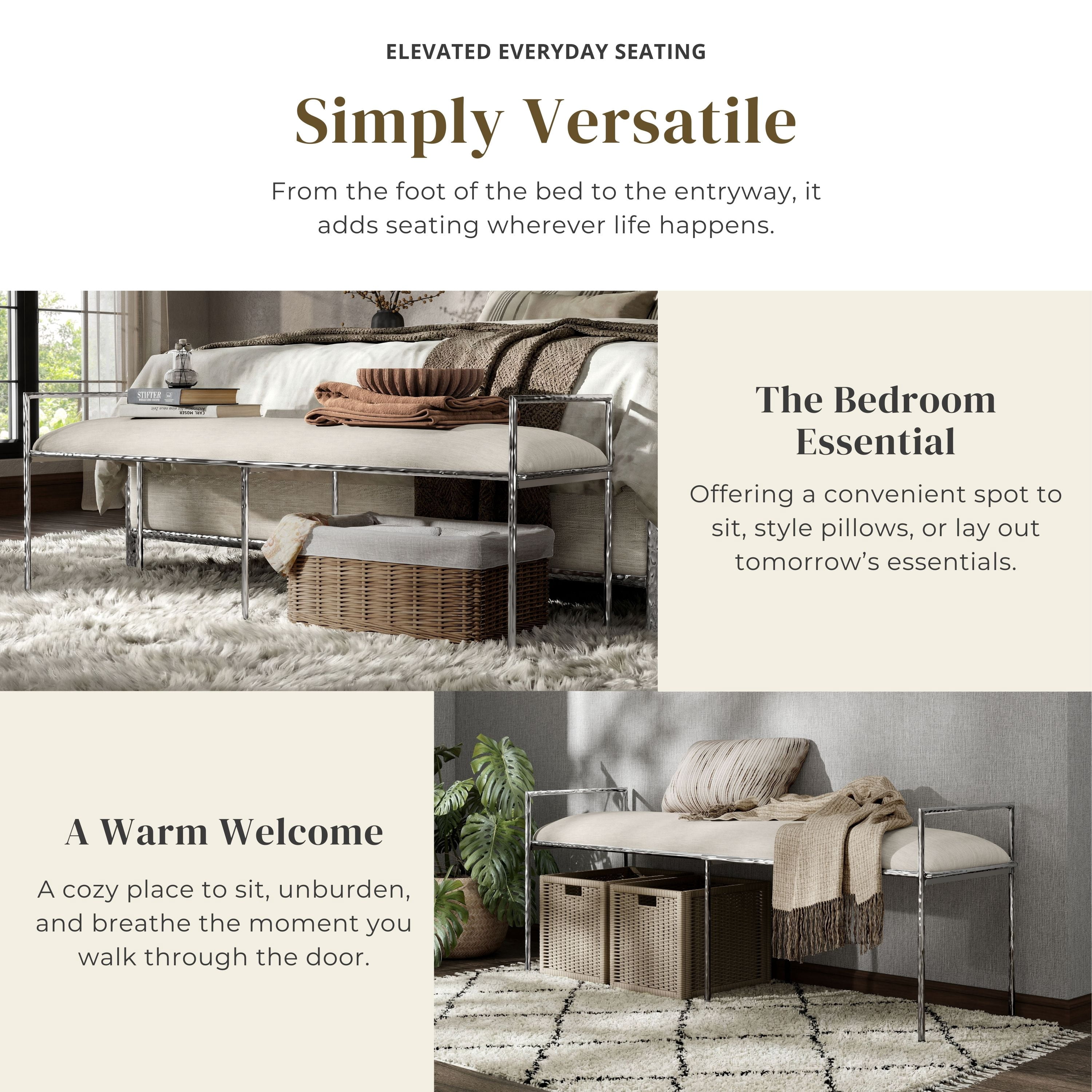 Furniture of America Zayen Modern Stainless Steel Upholstered Bench, Chrome