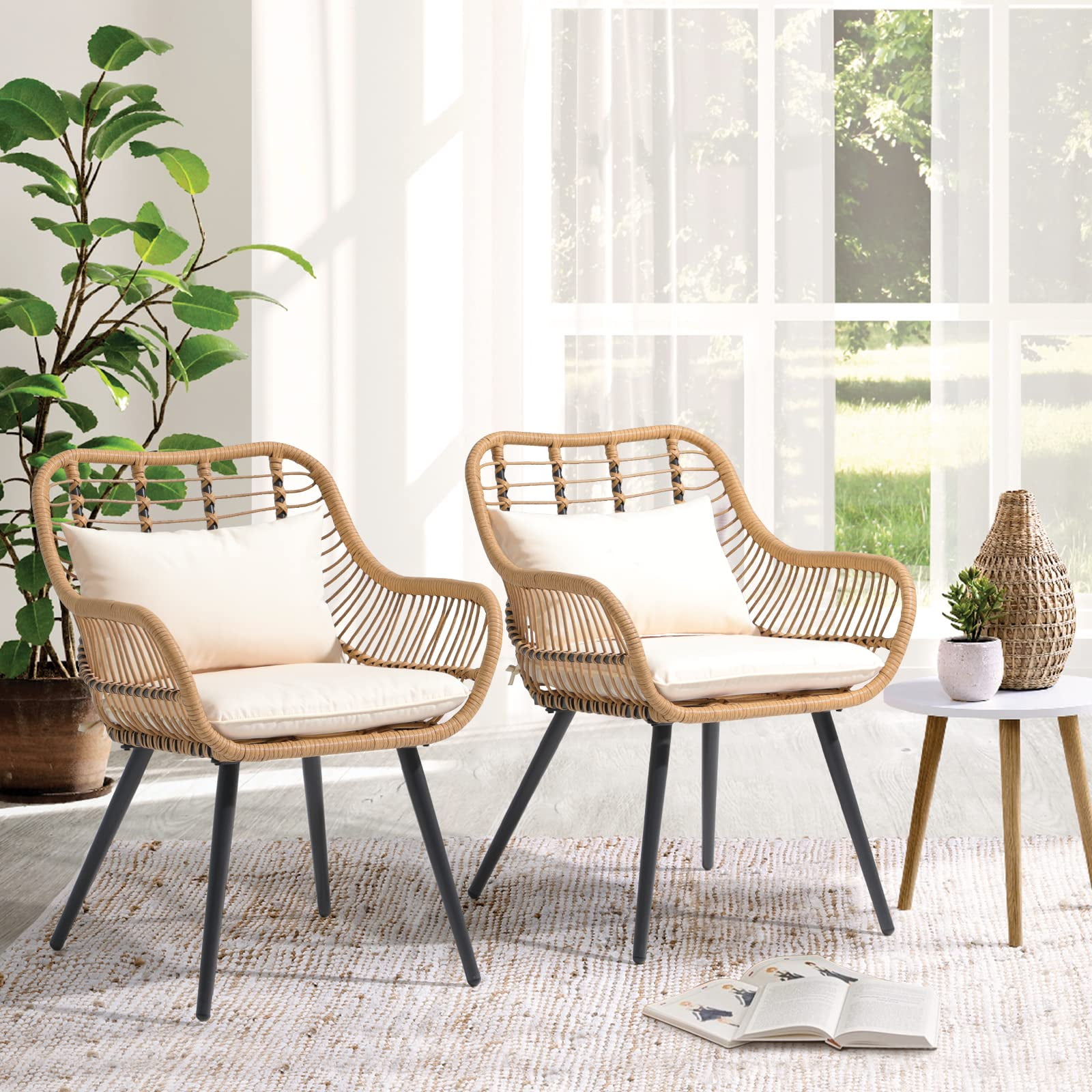 JOIVI Outdoor Wicker Chairs Set of 2, Patio Dining Chair with Cushions, All-weather Rattan Porch Chairs with Armrest for Outside Lawn, Balcony, Garden, White