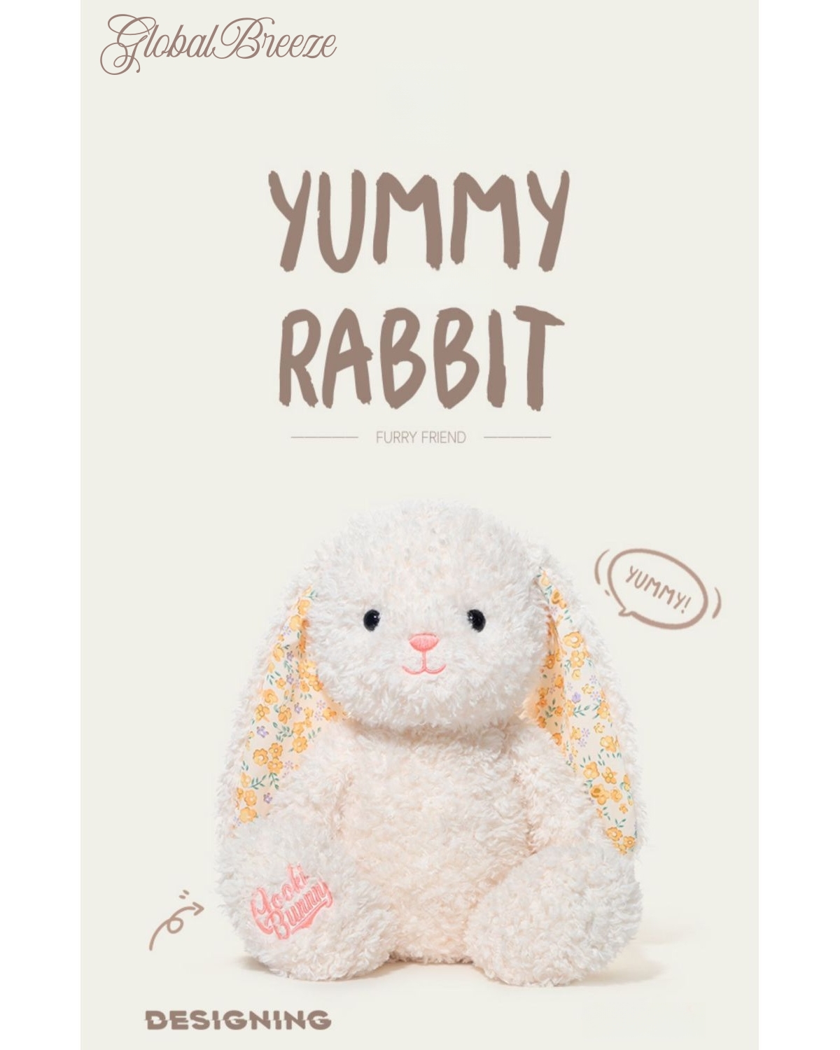 Yummy Bunny Plush Toy, Soft Stuffed Rabbit, Cute Fluffy Animal Doll, Skin-Friendly Plush with Floral Ears, Cozy Hug Toy for Kids Adults, Gift for Birthday, Easter, Christmas
