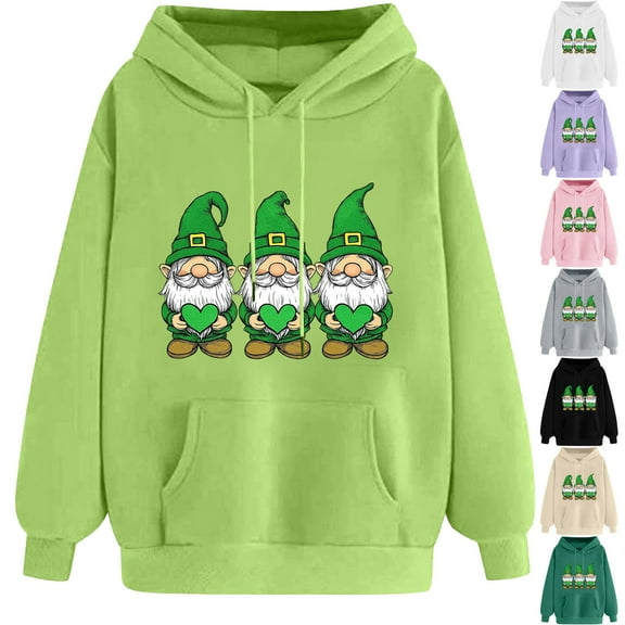 VBTAPA St. Patrick's Day Sweatshirt for Women Cute Gnome Print Long Sleeve Drawstring Hooded Sweatshirt Irish Lucky Clover Print Pullover Tops Deals of the Day Army Green L