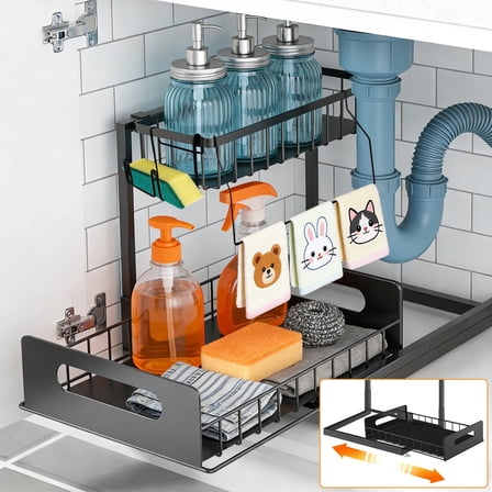 2-Tier Pull Out Under Sink Organizer, L-shape Slide Out Sink Shelf, Cabinet Storage for Kitchen Bathroom, Black