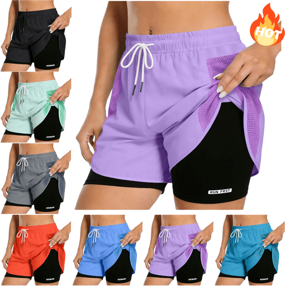 Mifsaly Women 2 In 1 Running Shorts with Pockets Double Layer Athletic Workout Gym Shorts High Waisted Breathable Lightweight Yoga Training Exercise Activewear XS