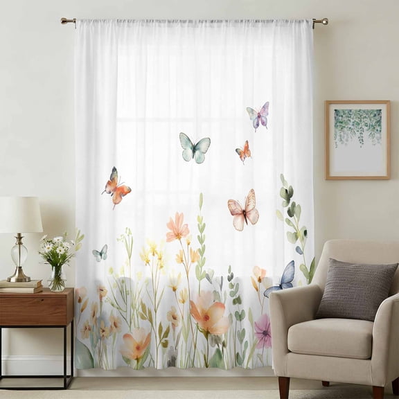 Spring Floral Sheer Curtains 45 Inches Long, Butterfly Summer Botanical Watercolor Light Filering Curtains, Breathable Simi Curtain Privacy Drapes for Kitchen Bathroom Small Window Treatment