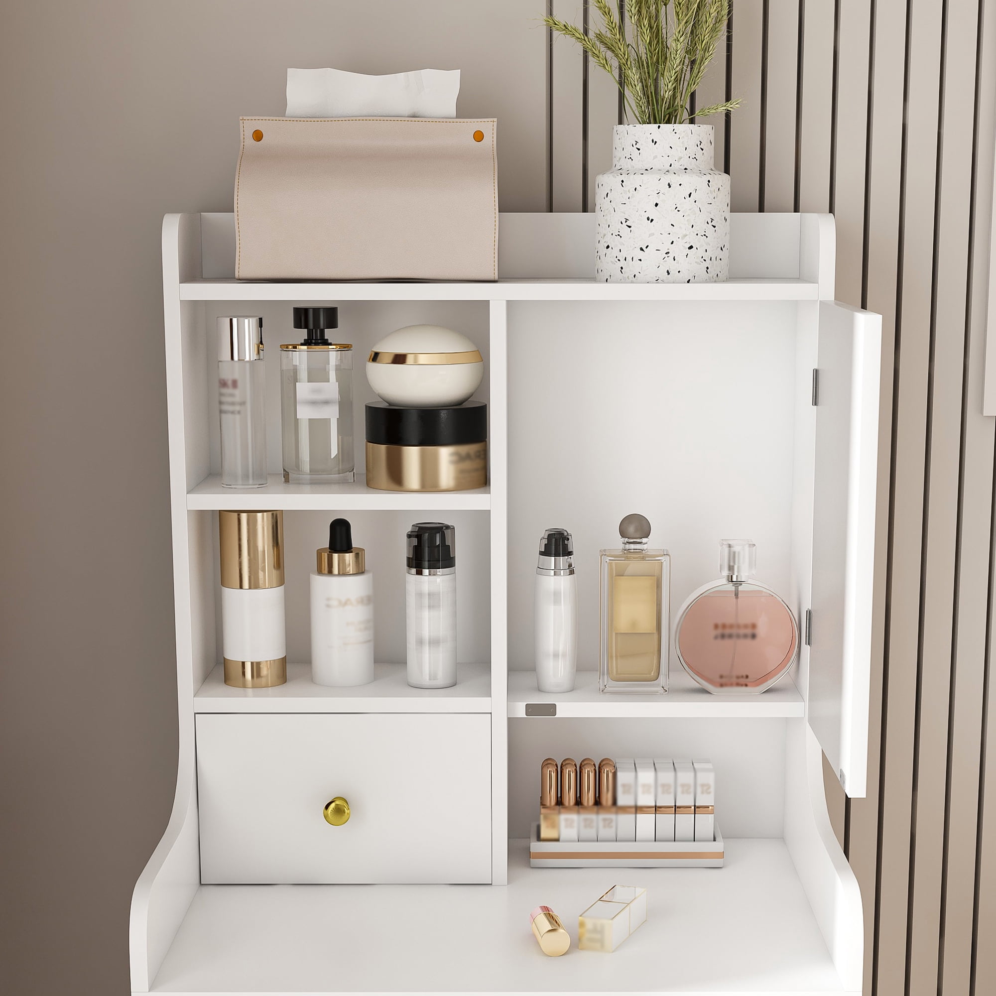 3-in-1 Dressing Table with LED Mirror & Storage Stool, White MDF Makeup Vanity with 4 Drawers and Bookshelf, 19.69 in L x 15.75 in W x 50.39 in H
