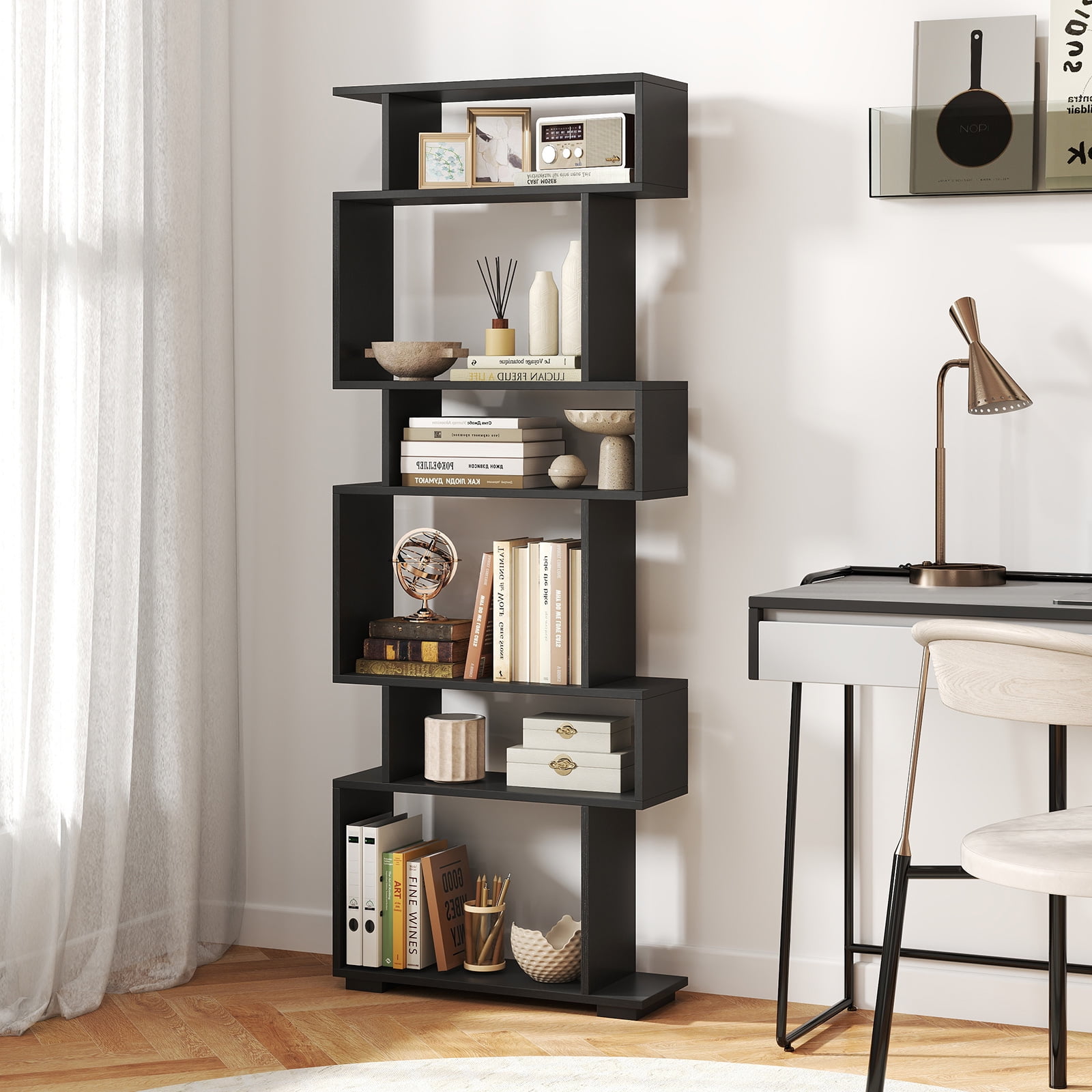 Costway 6-tier Storage Bookshelf S-shaped Geometric Bookcase with Anti-toppling Kits Black