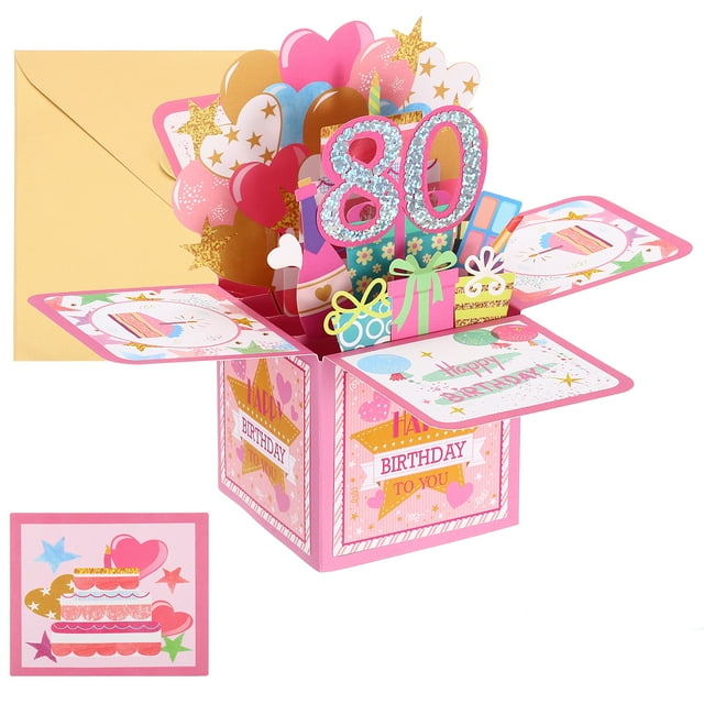 Tarjeta de cumpleaños 80 de Uxcell, tarjeta de cumpleaños emergente con tarjeta de saludo y sobre para mujeres y amigas, rosa