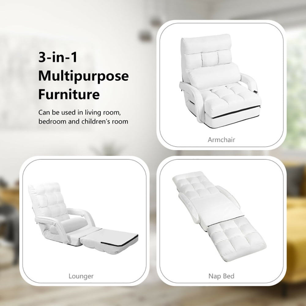 Finihen Folding Lazy Sofa Chair, Floor Chair, Folding Lazy Floor Chair Sofa with Armrests and Pillow, for Living Room, Bedroom, for Gaming, Reading, White Finihen Folding Lazy Sofa Chair, Floor Chair, Folding Lazy Floor Chair Sofa with Armrests and Pillow, for Living Room, Bedroom, for Gaming, Reading, White