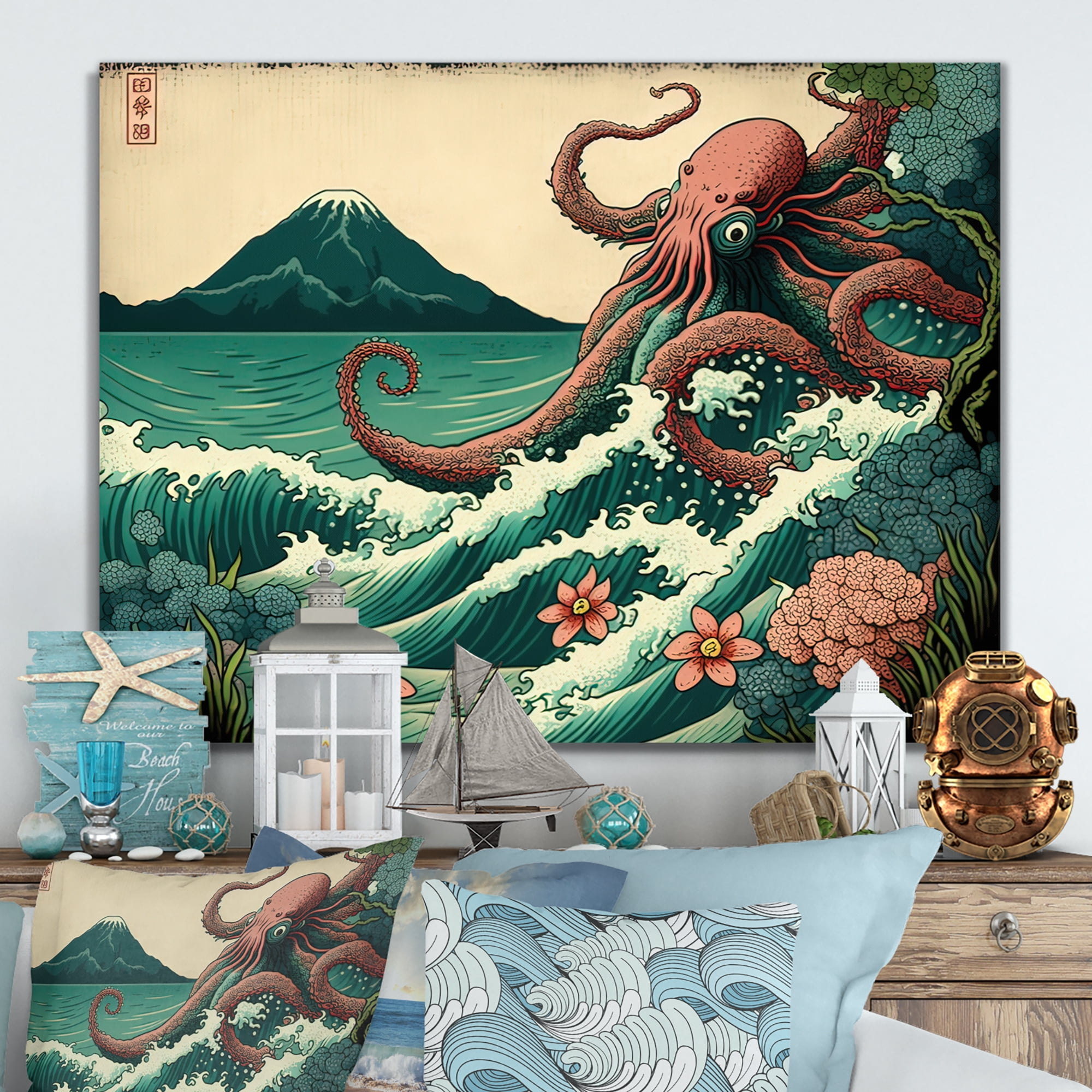 Designart Japanese Landscape With Octopus I Canvas Wall Art
