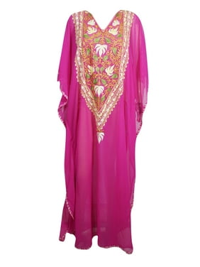 Mogul Women Beautiful Pink Floral Embroidered Caftan Beachwear Swimsuit Cover up Kaftan One Size