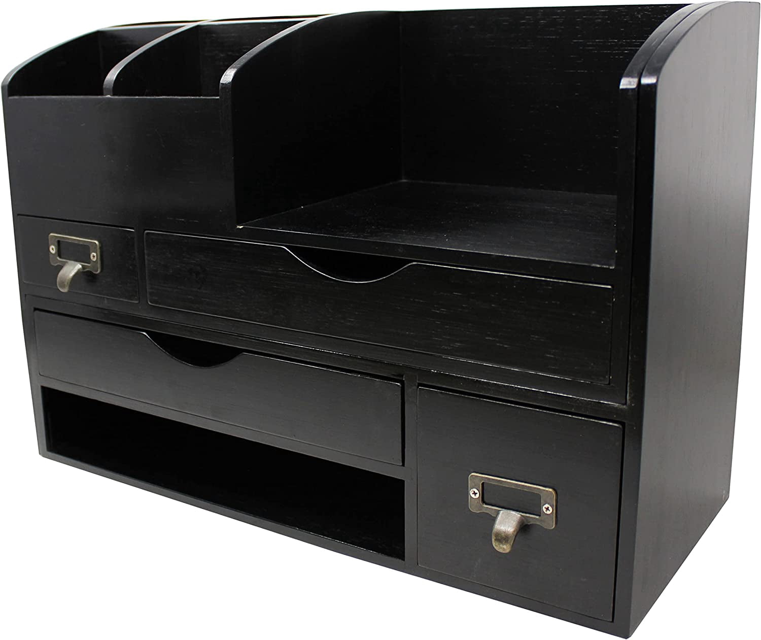 Adjustable Wooden Desk Organizer For Desktop, Tabletop, Office or Counter – Wood Storage Shelf Rack For Office Supplies, Desk Accessories, or Mail – Black